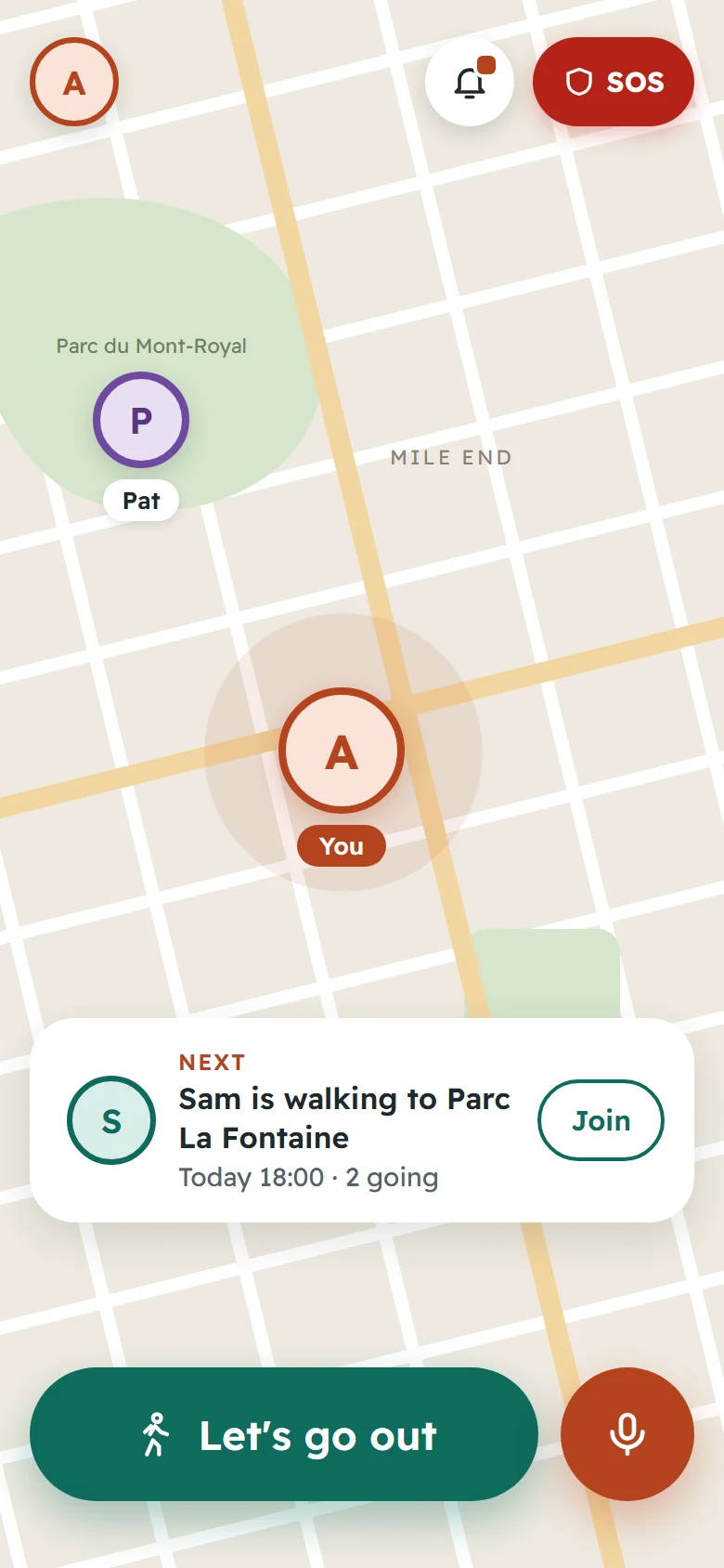 Home screen with a large “Let's go out” button and a card showing Sam is walking to Parc La Fontaine