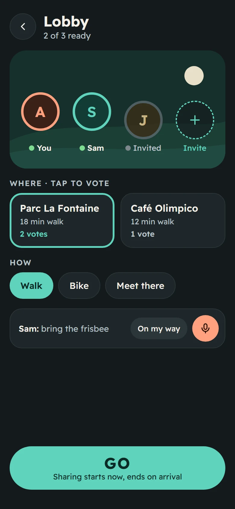 Lobby screen in dark mode